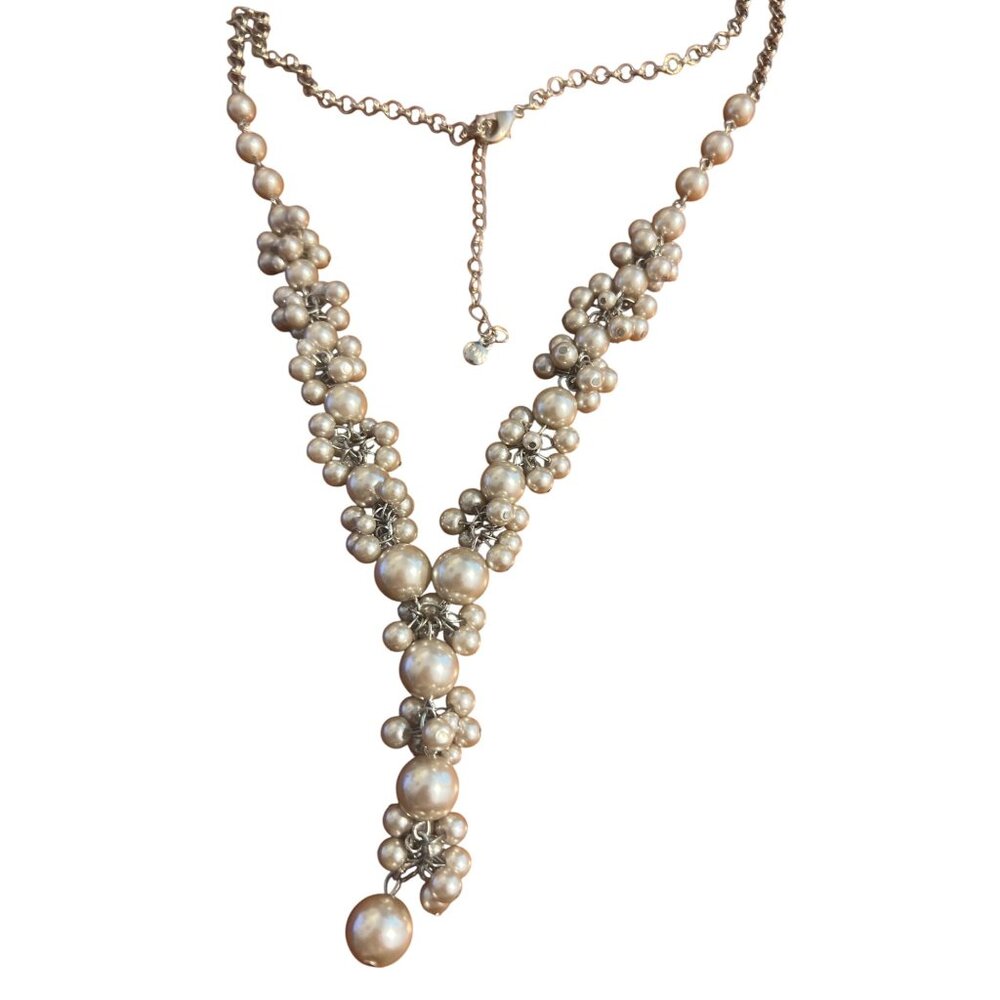 Vintage RMN Waterfall Y Necklace Faux Pearls Silver Gray Estate Cluster Elegant
